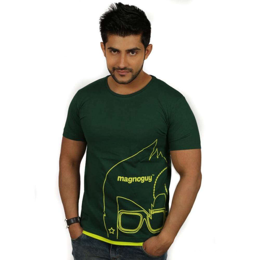 Printed Mens Round Neck Black Parrot Green T-Shirt