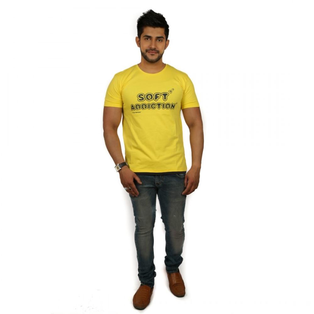 Printed Mens Round Yellow Neck T-Shirt