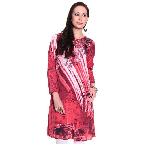 Biba Red Printed Polyester Medium Kurti