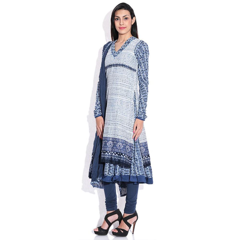 Biba Navy Printed Churidar Anarkali Kurta With Dupatta