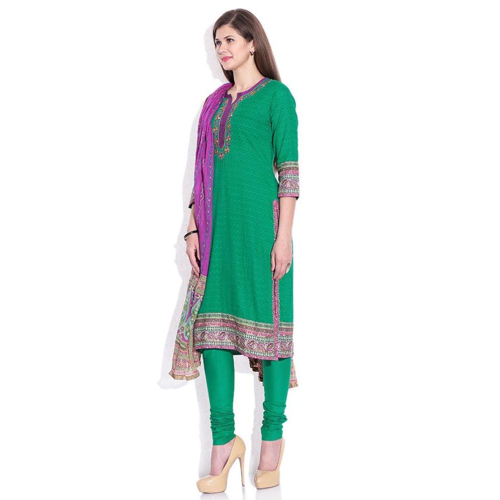 Biba Green Embroidered Churidar Kurta With Dupatta
