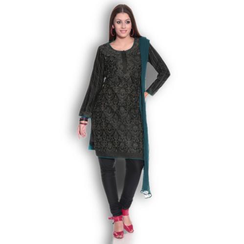 BIBA Black Embroidered Blended Stitched Regular Fit Salwar Suit