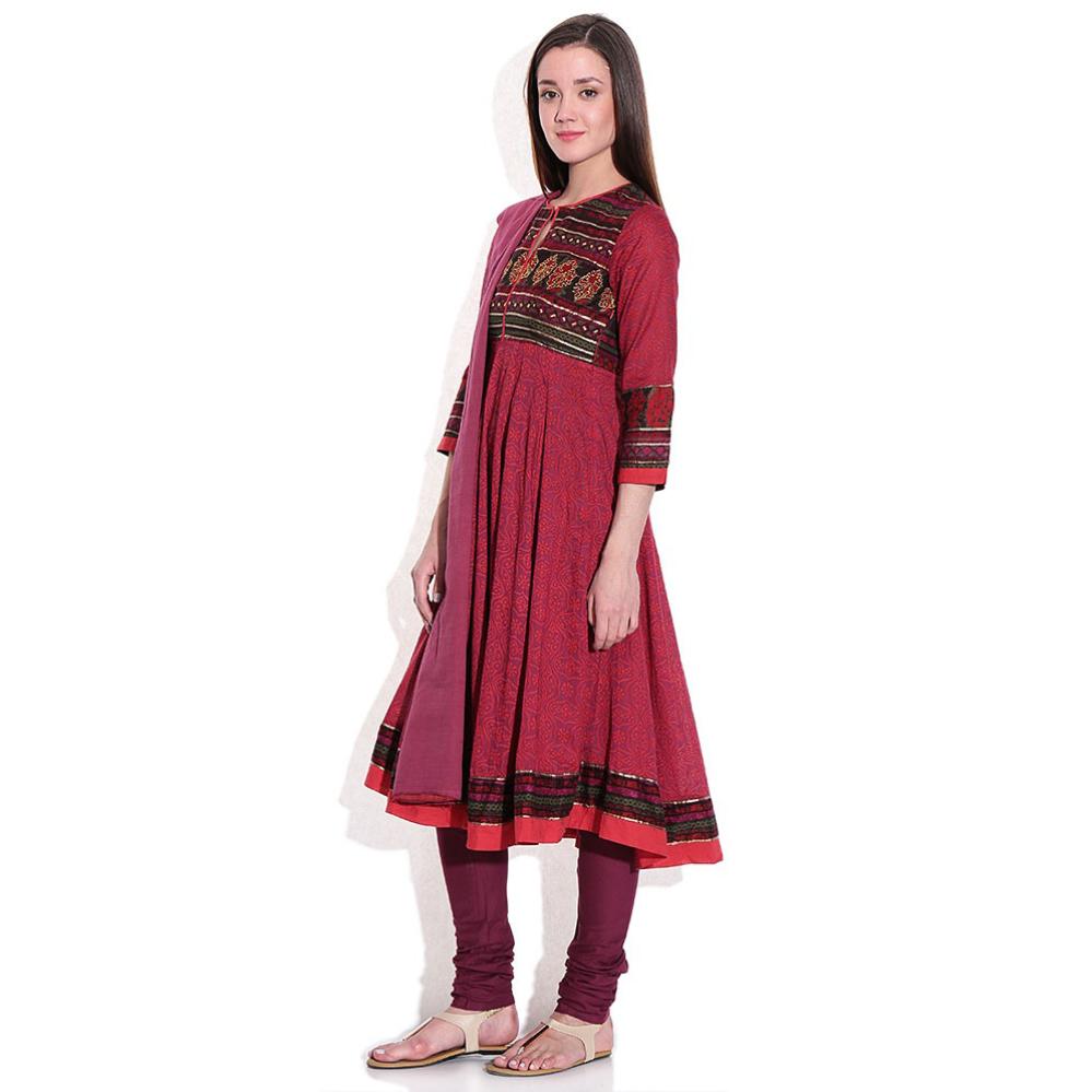 Biba Maroon Printed Churidar Anarkali Kurta With Dupatta
