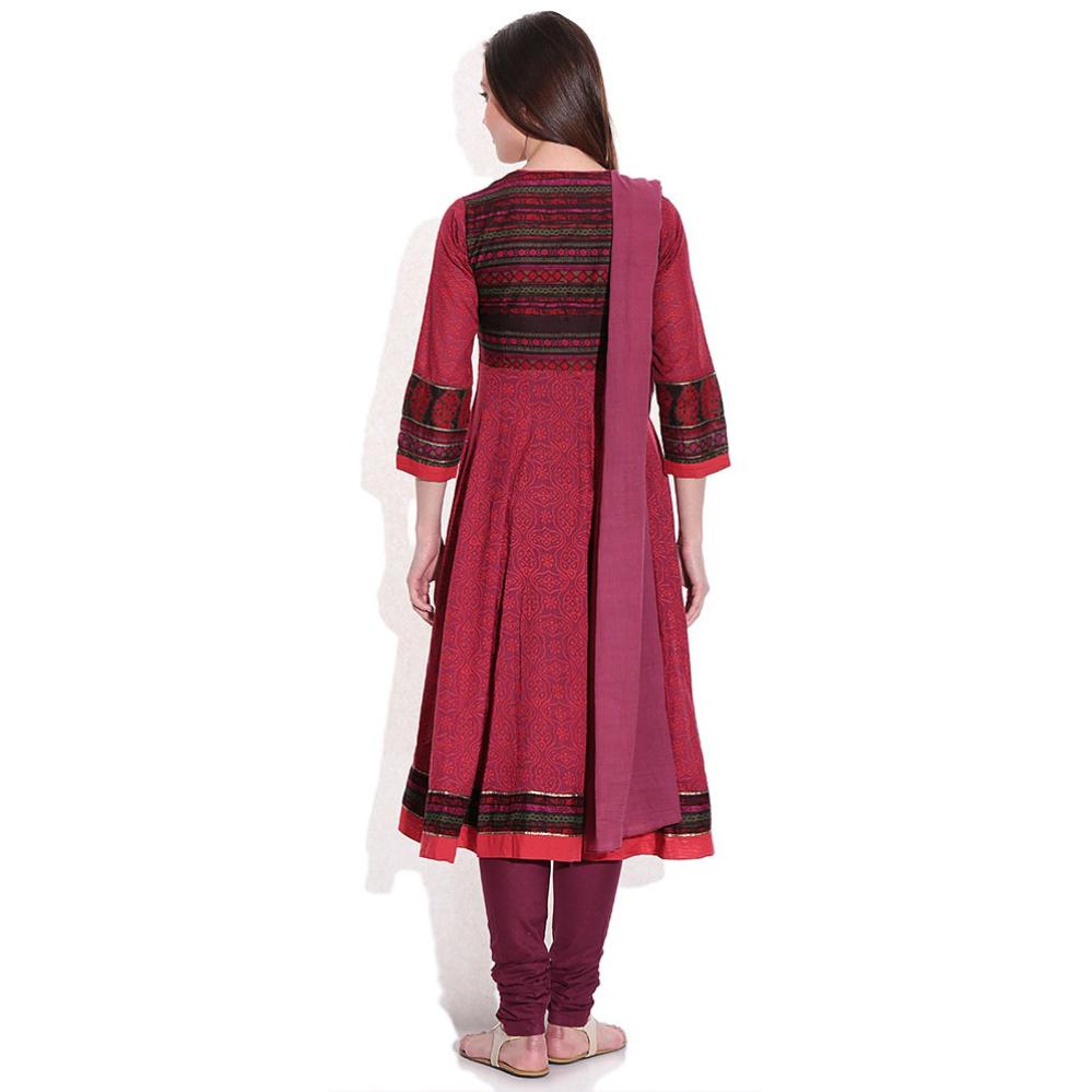 Biba Maroon Printed Churidar Anarkali Kurta With Dupatta
