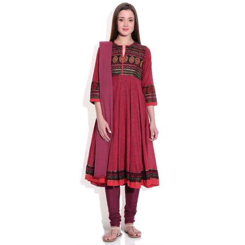 Biba Maroon Printed Churidar Anarkali Kurta With Dupatta
