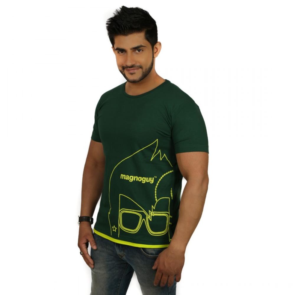 Printed Mens Round Neck Black Parrot Green T-Shirt