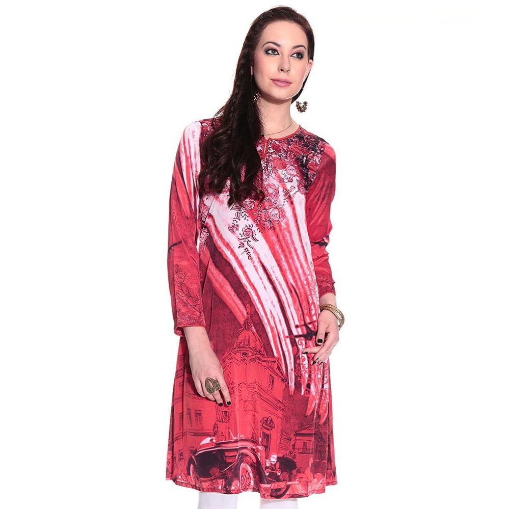Biba Red Printed Polyester Medium Kurti
