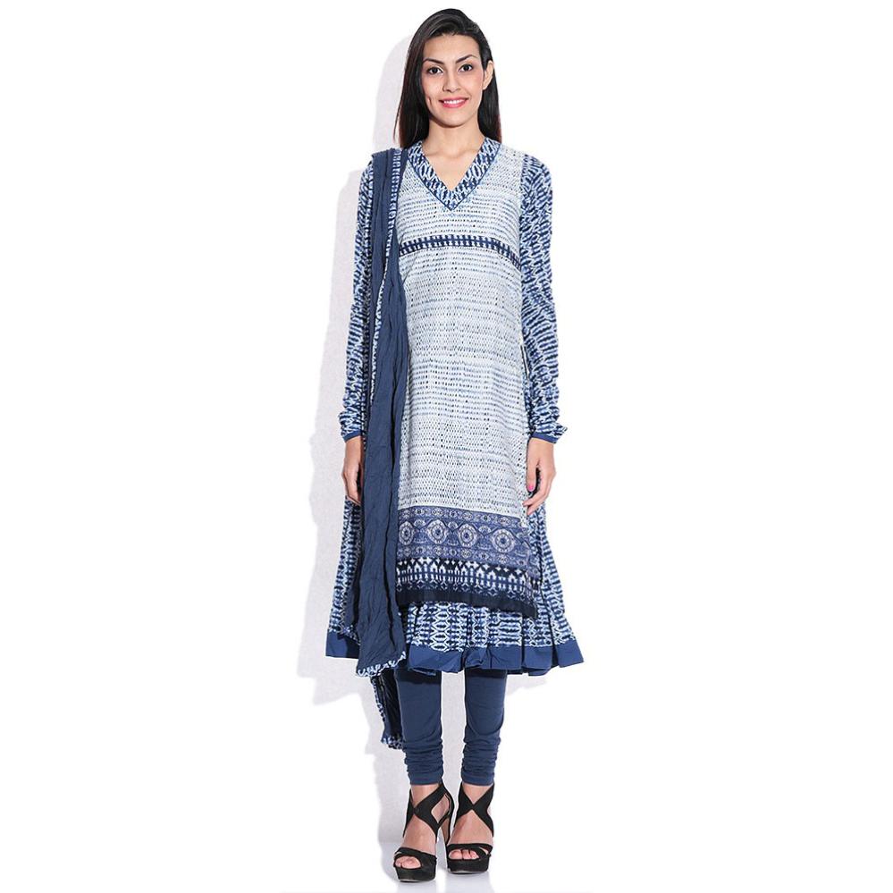 Biba Navy Printed Churidar Anarkali Kurta With Dupatta