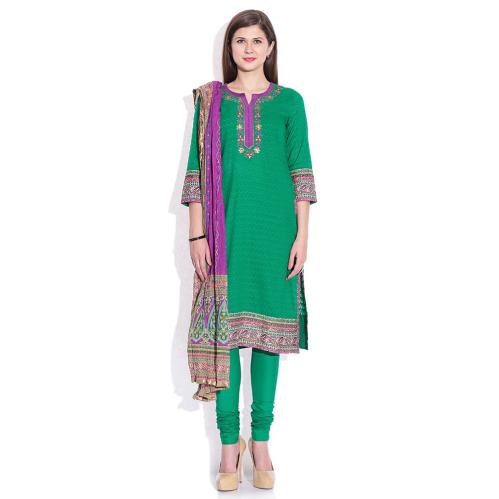 Biba Green Embroidered Churidar Kurta With Dupatta image